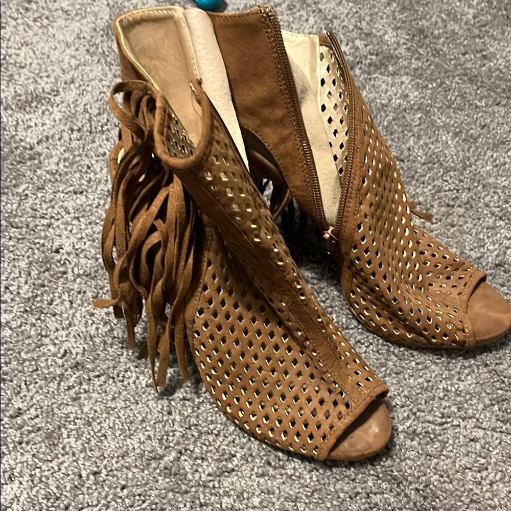 Brown Perforated Fringe Ankle Boots